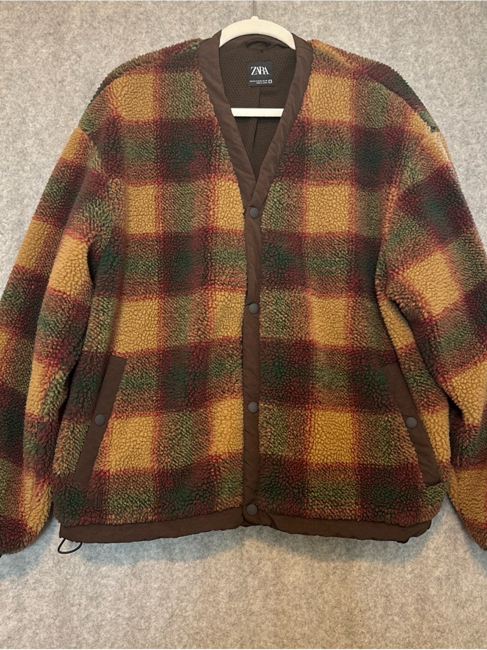 ZARA Men’s Snap Button Cardigan Plaid Sherpa Jacket in Mustard, Green & Brown